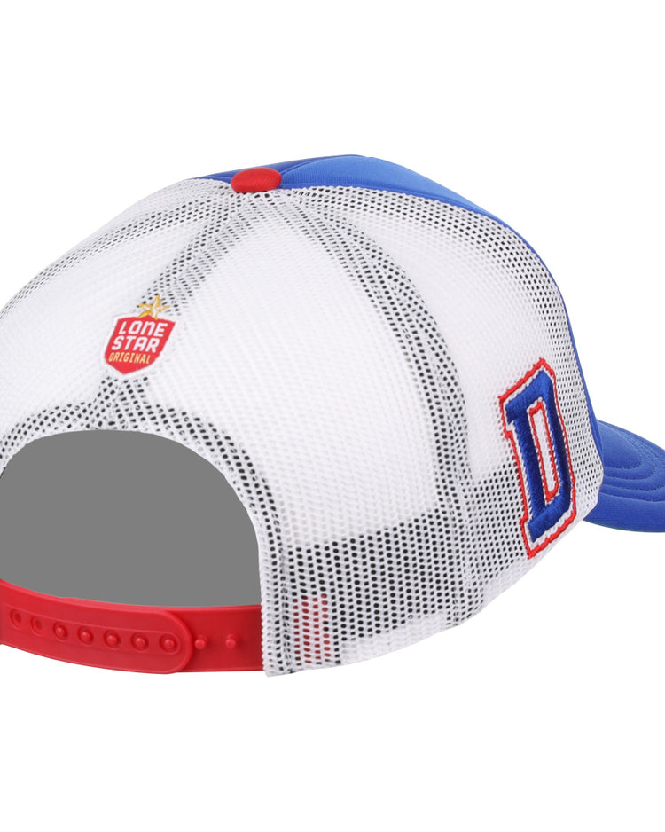 The EFF McAllen Dusters EFF Lone Star Foam Trucker features a blue and white design, red mesh snapback, and patch reading Lone Star, plus a bold red-bordered blue D inspired by the McAllen Dusters’ style.