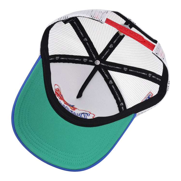 Inside the EFF McAllen Dusters Lone Star Foam Trucker, youll see a green brim, black and white mesh panels, black inner seams, and a red adjustable strap at the back.