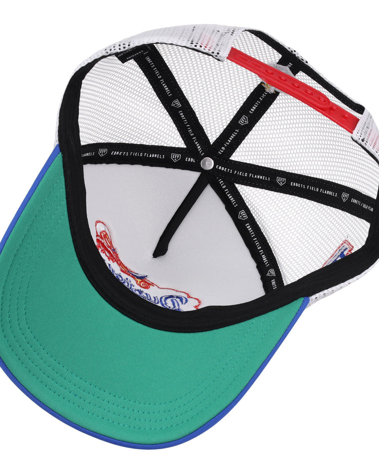 Inside the EFF McAllen Dusters Lone Star Foam Trucker, youll see a green brim, black and white mesh panels, black inner seams, and a red adjustable strap at the back.