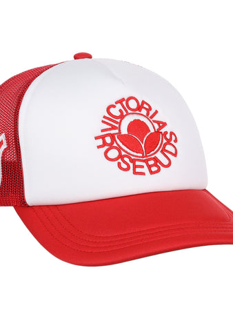 The EFF Victoria Rosebuds Lone Star Foam Trucker is a red and white hat featuring rosebud embroidery on the front and a V logo on the mesh side, ideal for fans wanting classic trucker style.