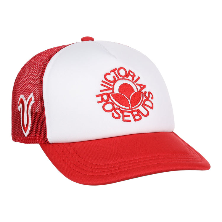 The EFF Victoria Rosebuds Lone Star Foam Trucker is a red and white hat featuring rosebud embroidery on the front and a V logo on the mesh side, ideal for fans wanting classic trucker style.