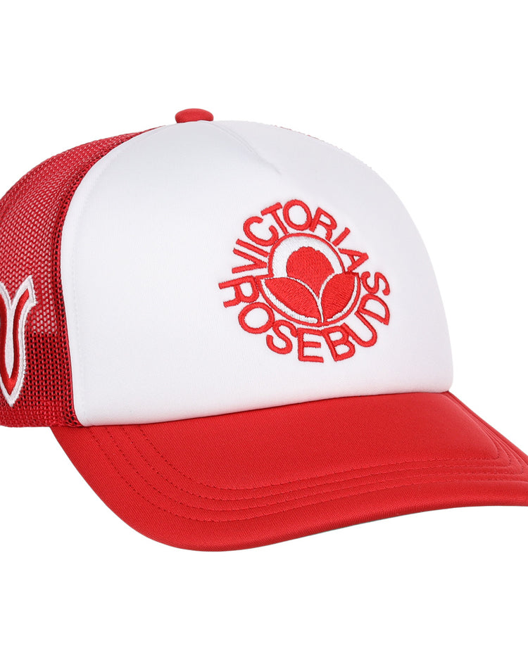 The EFF Victoria Rosebuds Lone Star Foam Trucker is a red and white hat featuring rosebud embroidery on the front and a V logo on the mesh side, ideal for fans wanting classic trucker style.
