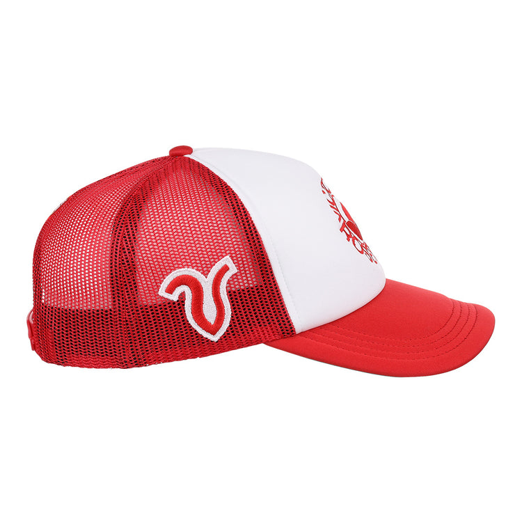 The EFF Victoria Rosebuds EFF Lone Star Foam Trucker is a red and white mesh-back cap featuring a white horn-style logo on the side, inspired by classic Victoria Rosebuds hats from the Lone Star League era.