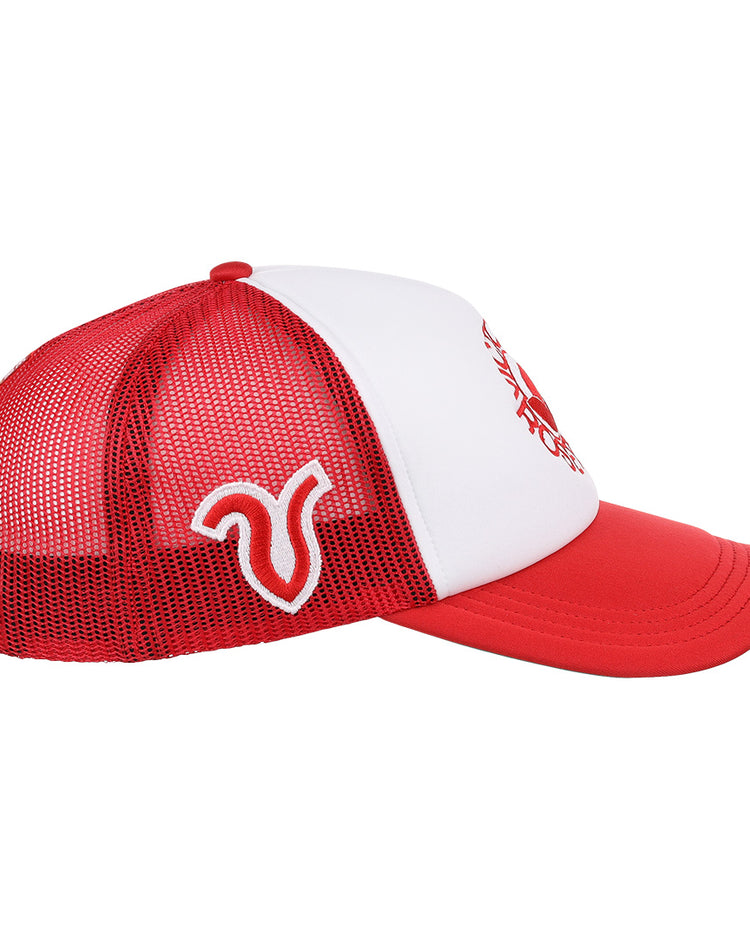 The EFF Victoria Rosebuds EFF Lone Star Foam Trucker is a red and white mesh-back cap featuring a white horn-style logo on the side, inspired by classic Victoria Rosebuds hats from the Lone Star League era.