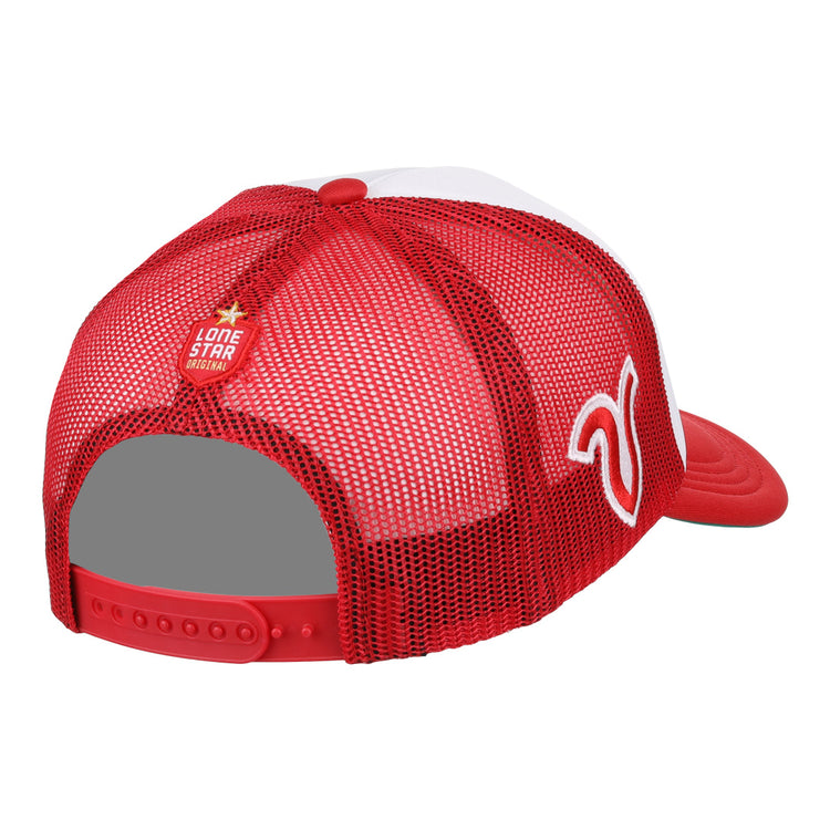 Back view of the Victoria Rosebuds EFF Lone Star Foam Trucker by EFF: red and white mesh, adjustable snapback, small “Lone Star Premium” patch for league fans, plus a stylized white logo—ideal for classic trucker hat enthusiasts.