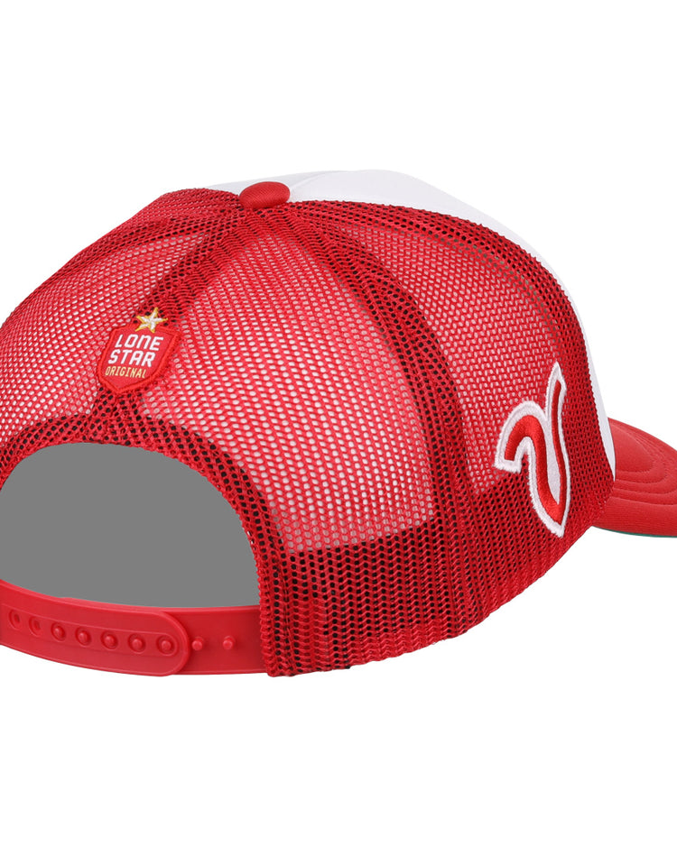 Back view of the Victoria Rosebuds EFF Lone Star Foam Trucker by EFF: red and white mesh, adjustable snapback, small “Lone Star Premium” patch for league fans, plus a stylized white logo—ideal for classic trucker hat enthusiasts.