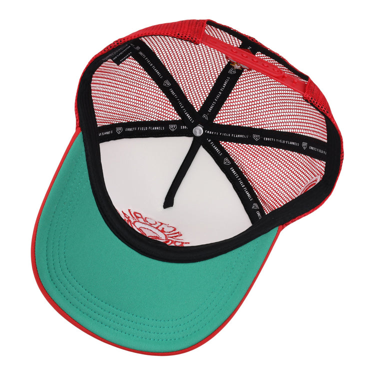 An inside view of the EFF Victoria Rosebuds Lone Star Foam Trucker, featuring a red and green design, black mesh back, green underbrim, black sweatband lining, and white Victoria Rosebuds logos.