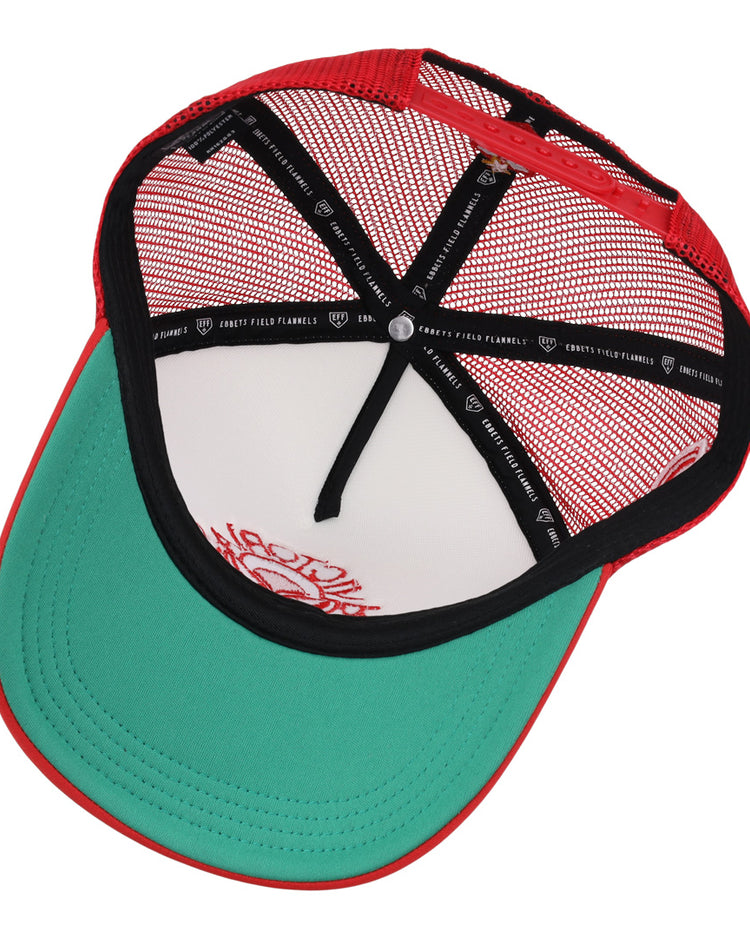 An inside view of the EFF Victoria Rosebuds Lone Star Foam Trucker, featuring a red and green design, black mesh back, green underbrim, black sweatband lining, and white Victoria Rosebuds logos.