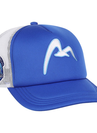 The EFF Corpus Christi Seagulls Lone Star Foam Trucker is a blue and white cap with a curved bill, featuring a white bird logo on the front and a Seagulls patch on the left mesh side.