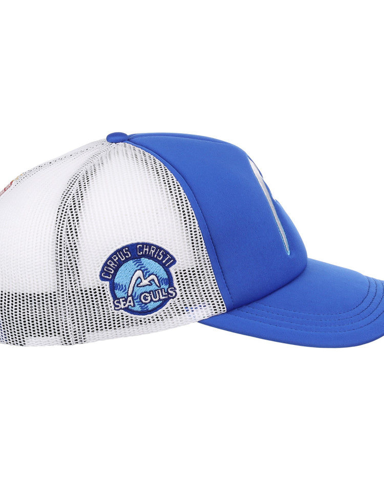 The EFF Corpus Christi Seagulls Lone Star Foam Trucker features a blue front and bill, white mesh back and sides, plus a side patch honoring the Corpus Christi Seagulls and the Lone Star League.