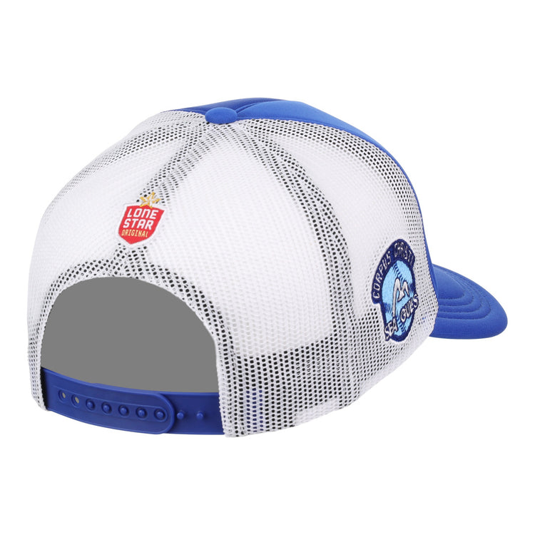 The EFF Corpus Christi Seagulls Lone Star Foam Trucker features blue and white mesh, a snapback closure, a Lone Star patch above the back opening, and a Corpus Christi Seagulls logo patch on the side.