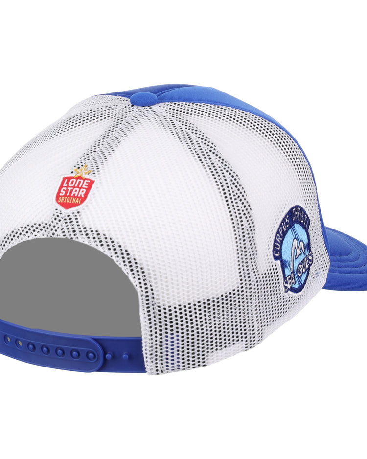 The EFF Corpus Christi Seagulls Lone Star Foam Trucker features blue and white mesh, a snapback closure, a Lone Star patch above the back opening, and a Corpus Christi Seagulls logo patch on the side.