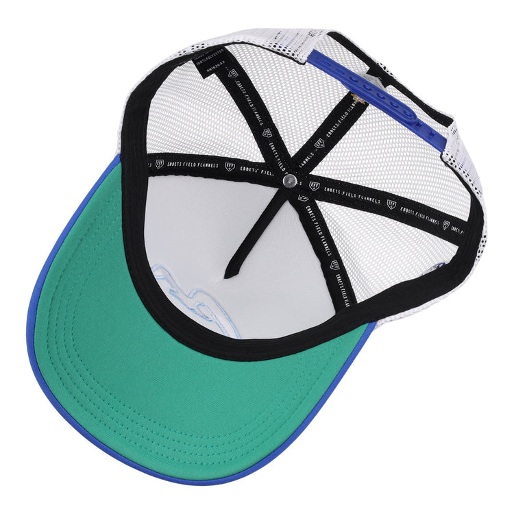 Inside view of the EFF Corpus Christi Seagulls Lone Star Foam Trucker cap, featuring a green underside brim with blue edge, black and white mesh panels, and black interior taping with white text and logos.