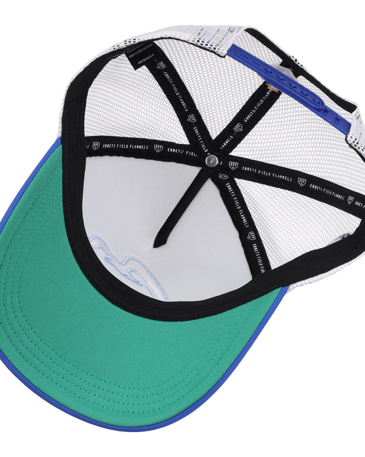 Inside view of the EFF Corpus Christi Seagulls Lone Star Foam Trucker cap, featuring a green underside brim with blue edge, black and white mesh panels, and black interior taping with white text and logos.