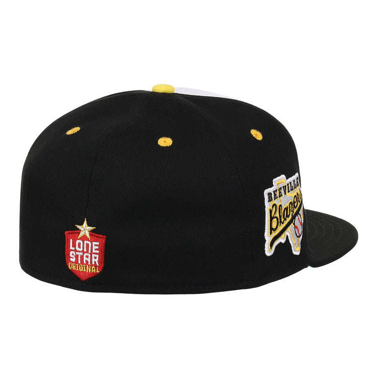 The EFF Beeville Blazers Lone Star Fitted Ballcap is a black cap with yellow accents, featuring a Lone Star Original patch, Beeville Blazers and Texas outline embroidery, plus the classic Lone Star League logo.