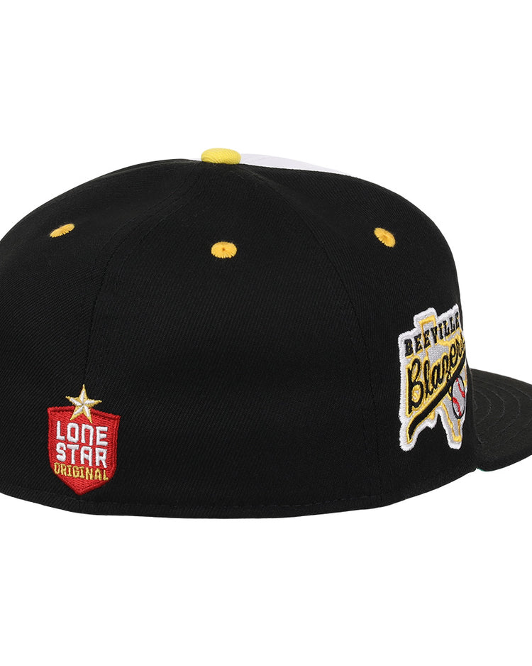The EFF Beeville Blazers Lone Star Fitted Ballcap is a black cap with yellow accents, featuring a Lone Star Original patch, Beeville Blazers and Texas outline embroidery, plus the classic Lone Star League logo.