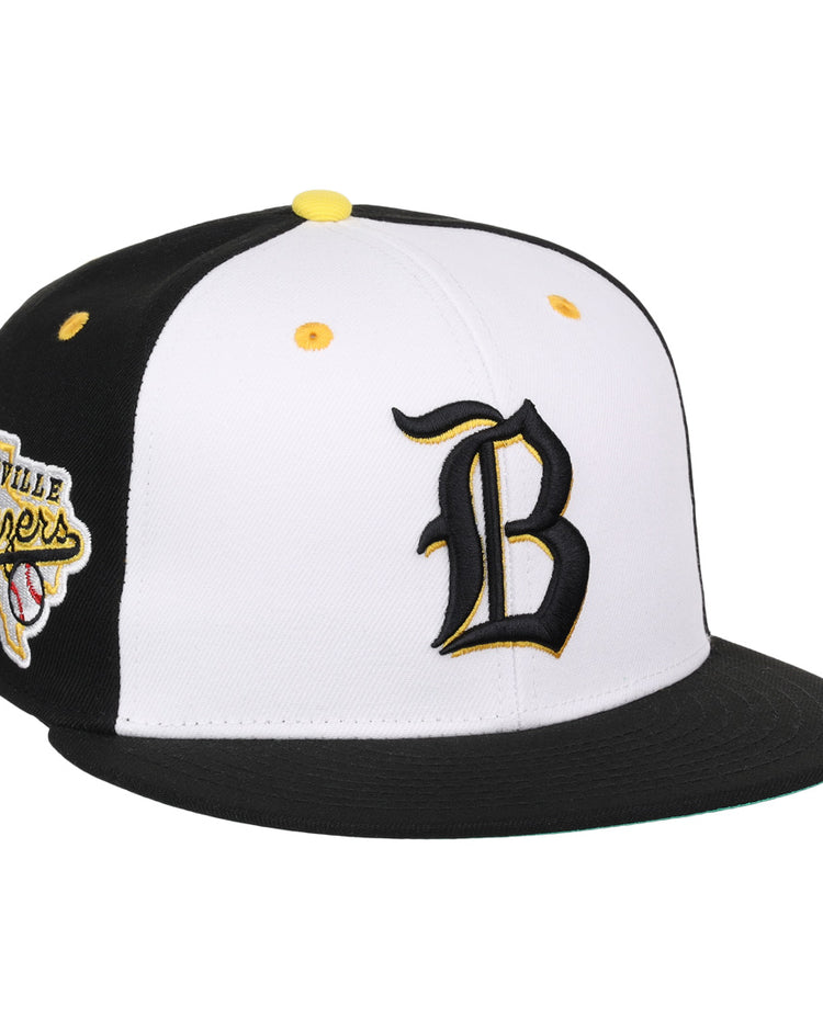 The EFF Beeville Blazers Lone Star Fitted Ballcap features black and white colors, a bold black B on the front, yellow top button, and an embroidered bee patch—ideal for any Lone Star League fan.