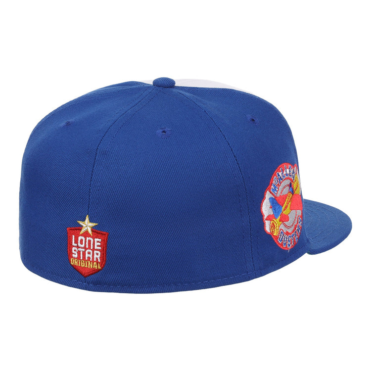The EFF McAllen Dusters Lone Star Fitted Ballcap features a blue design, plane patch, and a red shield with Lone Star Original—a perfect collectible for fans of the McAllen Dusters or the Lone Star League.