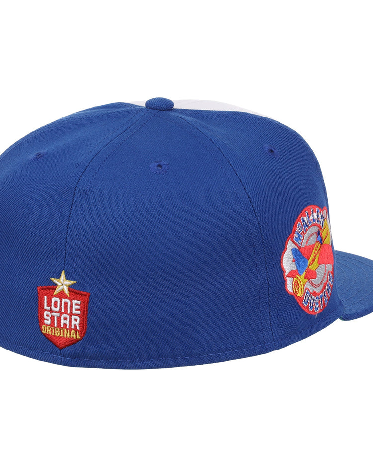 The EFF McAllen Dusters Lone Star Fitted Ballcap features a blue design, plane patch, and a red shield with Lone Star Original—a perfect collectible for fans of the McAllen Dusters or the Lone Star League.