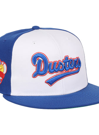 The EFF McAllen Dusters Lone Star Fitted Ballcap features blue and white panels, blue and red McAllen Dusters script embroidery, a winged baseball patch on the side, and a blue brim for classic league style.