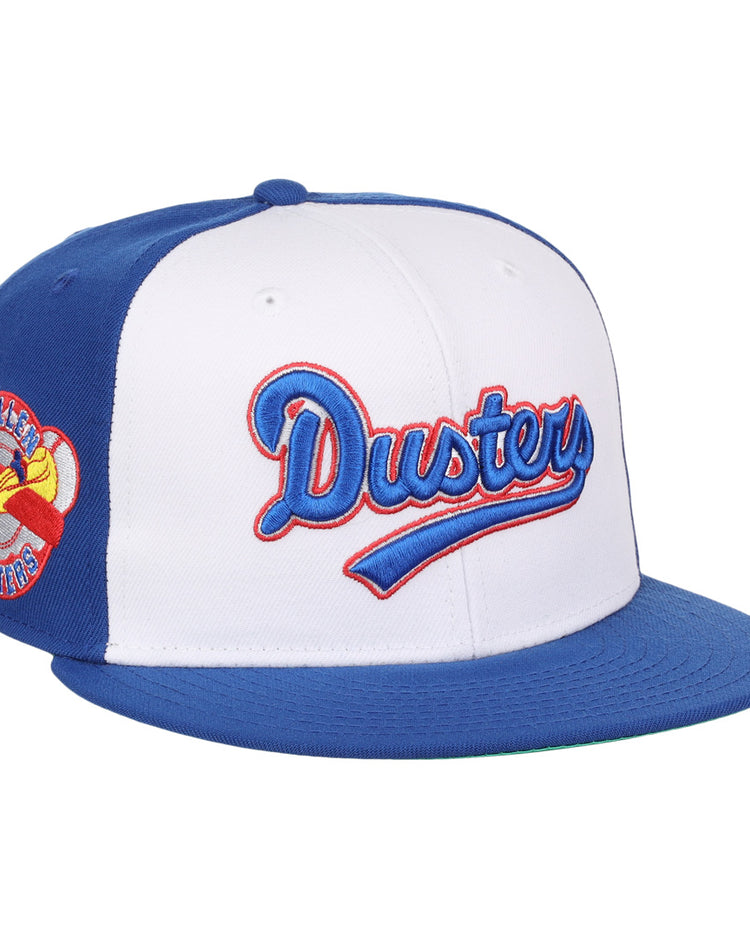 The EFF McAllen Dusters Lone Star Fitted Ballcap features blue and white panels, blue and red McAllen Dusters script embroidery, a winged baseball patch on the side, and a blue brim for classic league style.