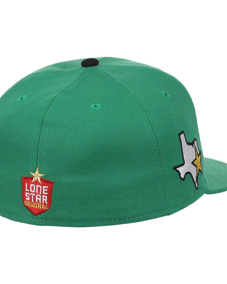 The EFF Texas City Stars Lone Star Fitted Ballcap features a green crown, Kelly green visor, black top button, Texas-shaped patch with gold star on the side, and a red Lone Star Original patch on the back.