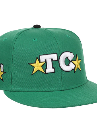 The EFF Texas City Stars Lone Star Fitted Ballcap features 3D embroidered TC in white with yellow stars on kelly green, plus a white outlined Texas and yellow star stitched on the side.