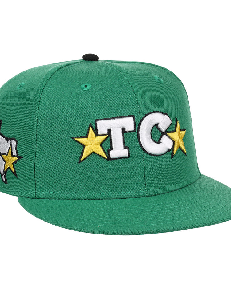 The EFF Texas City Stars Lone Star Fitted Ballcap features 3D embroidered TC in white with yellow stars on kelly green, plus a white outlined Texas and yellow star stitched on the side.
