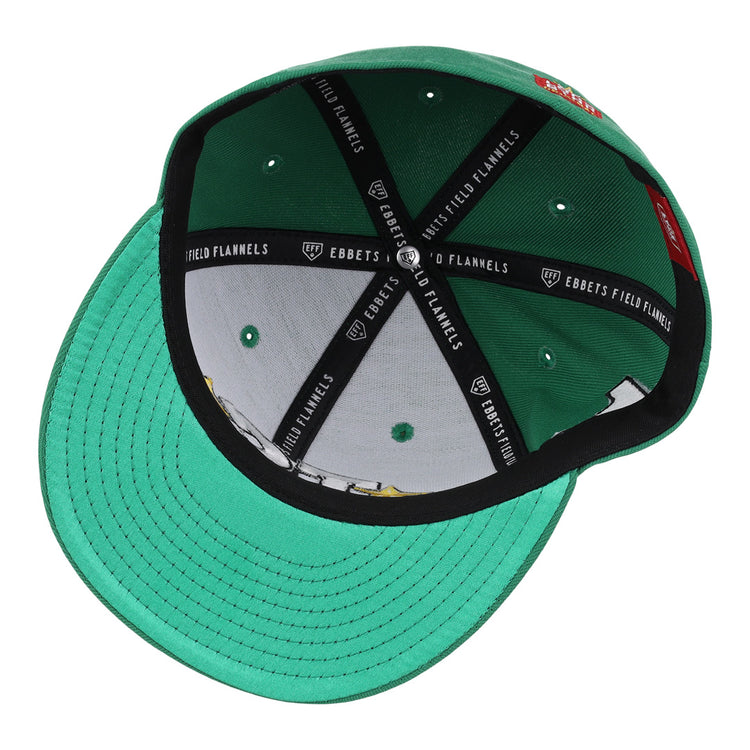 The Texas City Stars EFF Lone Star Fitted Ballcap by EFF, shown from below, displays black EBBETS FIELD FLANNELS fabric strips, silver vents, and a Kelly green visor with visible stitching.