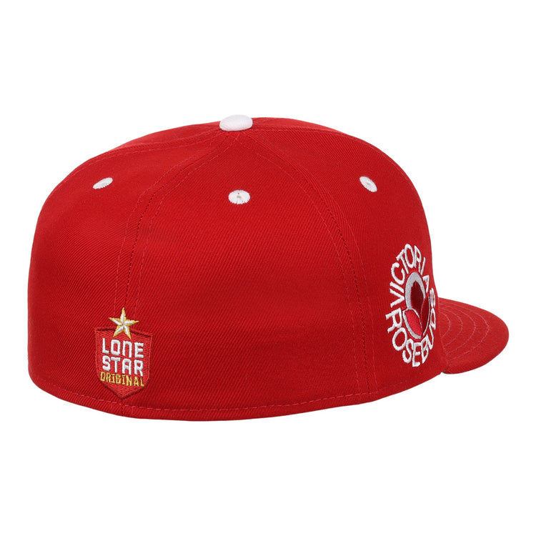 The EFF Victoria Rosebuds Lone Star Fitted Ballcap features a red structured crown, white vent holes, a gold star LONE STAR ORIGINAL patch, and bold 3D embroidered VICTORIOUS text with a circular design on the brim.