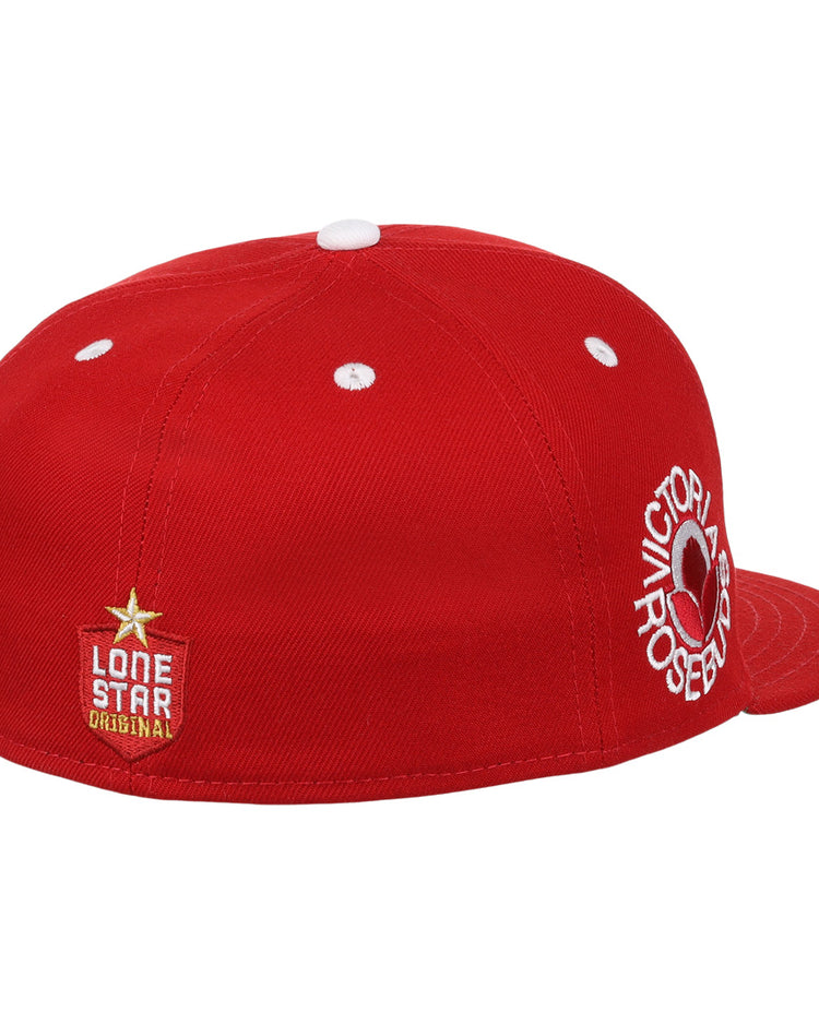 The EFF Victoria Rosebuds Lone Star Fitted Ballcap features a red structured crown, white vent holes, a gold star LONE STAR ORIGINAL patch, and bold 3D embroidered VICTORIOUS text with a circular design on the brim.