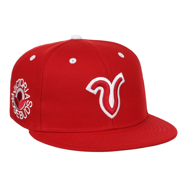 The Victoria Rosebuds EFF Lone Star Fitted Ballcap by EFF features a red structured crown, 3D white embroidered logo, Victoria Se Prohíbe and a baseball graphic in white on the side, flat brim, and white eyelets.