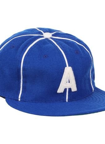 The Ebbets Field Flannels Almendares Alacranes 1931 Vintage Ballcap is a blue wool hat with white piping, a white A on the front, flat brim, fabric button, and classic Cuban League style.
