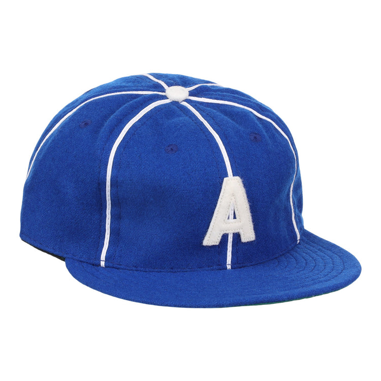 The Ebbets Field Flannels Almendares Alacranes 1931 Vintage Ballcap is a blue wool hat with white piping, a white A on the front, flat brim, fabric button, and classic Cuban League style.