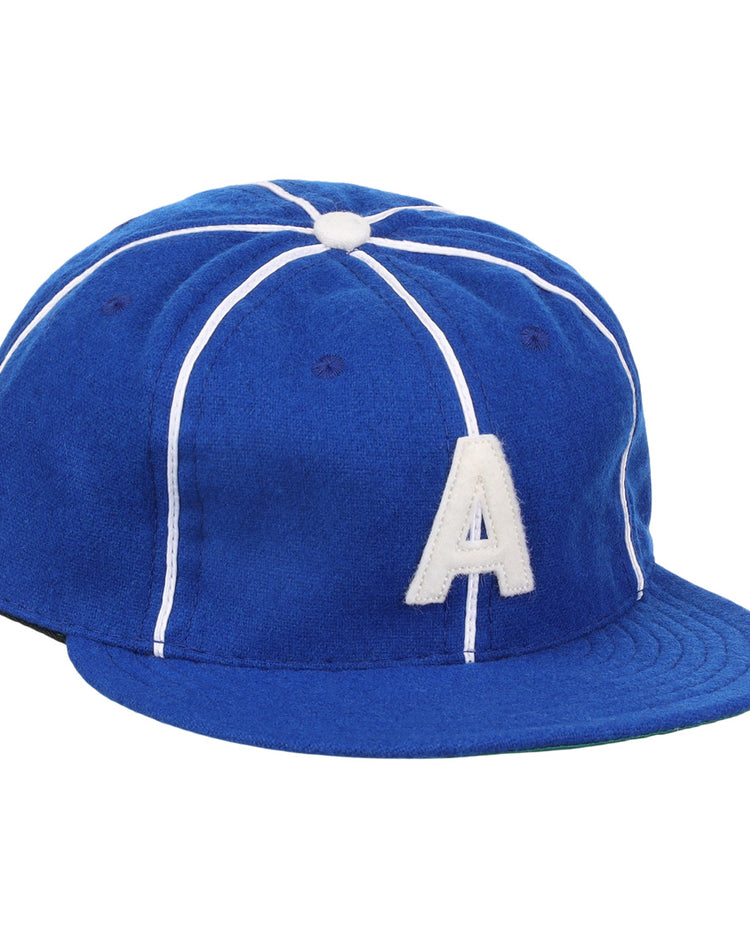 The Ebbets Field Flannels Almendares Alacranes 1931 Vintage Ballcap is a blue wool hat with white piping, a white A on the front, flat brim, fabric button, and classic Cuban League style.
