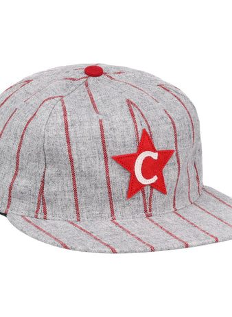 The Cienfuegos Stars 1940 Vintage Ballcap by Ebbets Field Flannels features gray fabric, red pinstripes, a red star patch with a white C, and a red top button—authentic details inspired by the original Cuban Amateur League design.