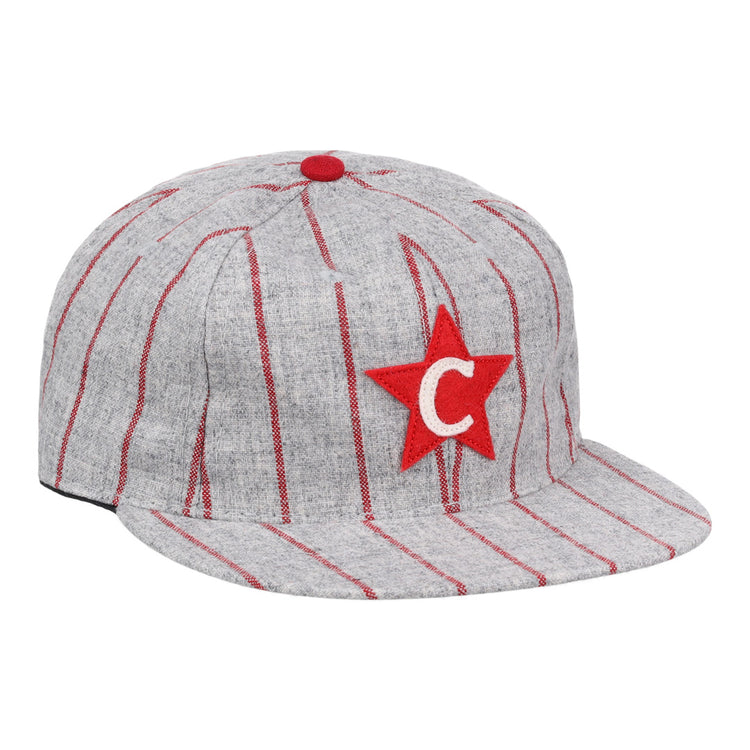 The Cienfuegos Stars 1940 Vintage Ballcap by Ebbets Field Flannels features gray fabric, red pinstripes, a red star patch with a white C, and a red top button—authentic details inspired by the original Cuban Amateur League design.
