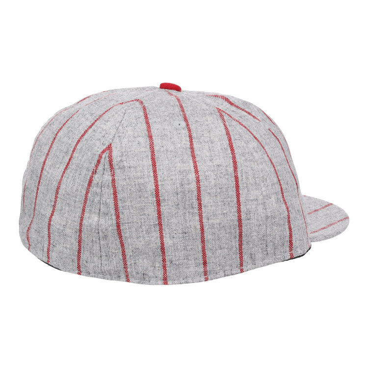 The Ebbets Field Flannels Cienfuegos Stars 1940 Vintage Ballcap is a light gray cap with vertical red pinstripes, a flat brim, and a red top button, inspired by the Cuban Amateur Leagues historic design.
