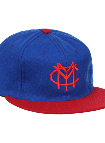 The Miramar Yacht Club 1952 Vintage Ballcap by Ebbets Field Flannels is a blue and red wool cap featuring a red interlocking NY logo on the front, a red brim, and a matching top button.