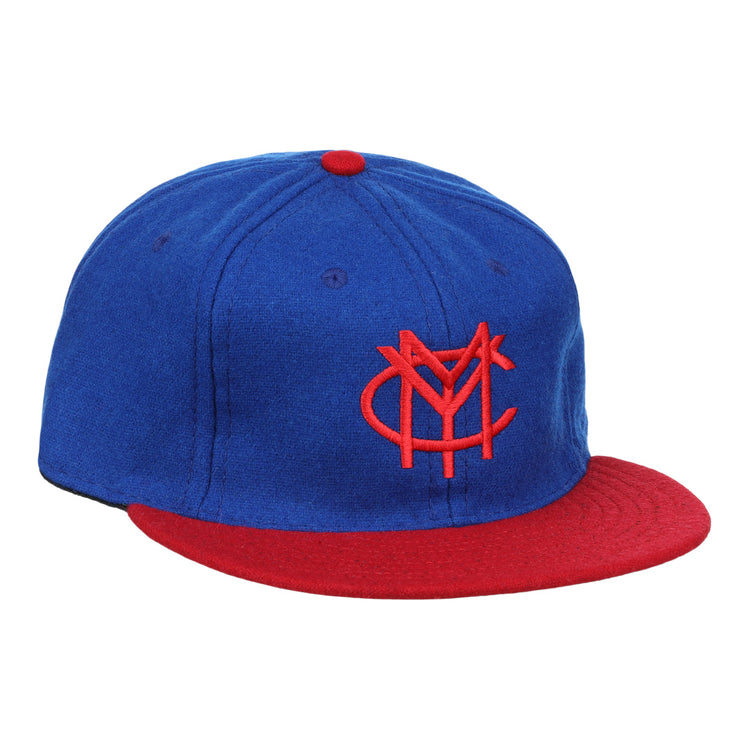 The Miramar Yacht Club 1952 Vintage Ballcap by Ebbets Field Flannels is a blue and red wool cap featuring a red interlocking NY logo on the front, a red brim, and a matching top button.