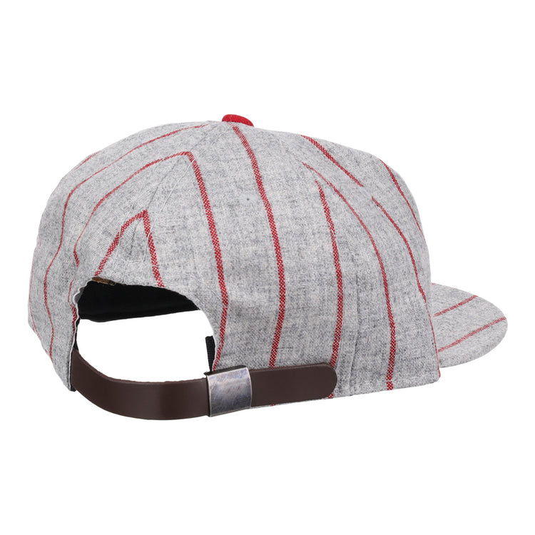 The Ebbets Field Flannels Cienfuegos Stars 1940 Vintage Ballcap features a gray body with red stripes, an adjustable brown strap with metal buckle, and is inspired by the Cuban Amateur League team. Shown here from the back.