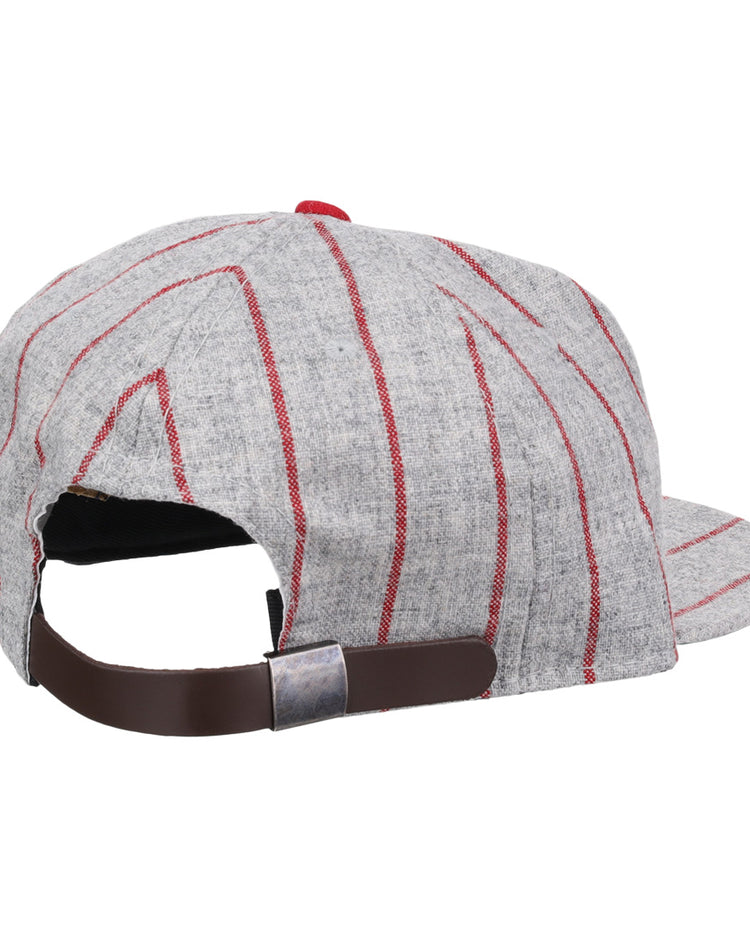 The Ebbets Field Flannels Cienfuegos Stars 1940 Vintage Ballcap features a gray body with red stripes, an adjustable brown strap with metal buckle, and is inspired by the Cuban Amateur League team. Shown here from the back.