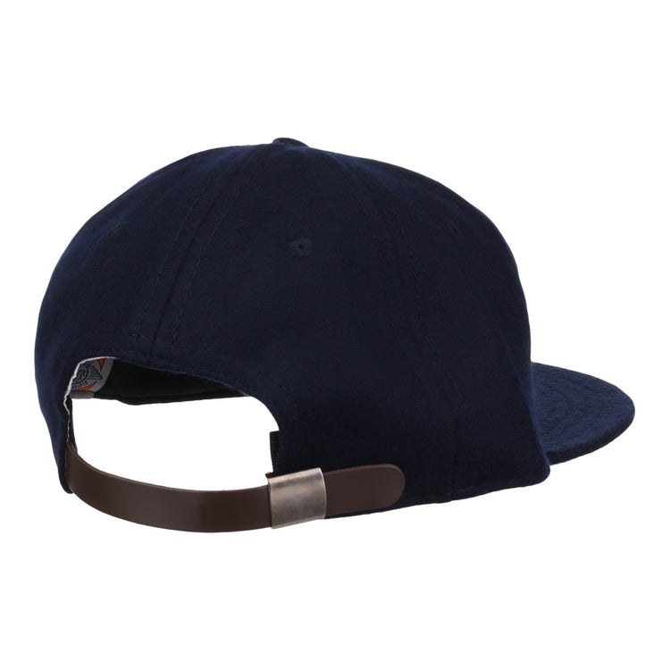 The Ebbets Field Flannels Vedado TC 1945 Vintage Ballcap in navy blue is shown from the back with a brown adjustable leather strap and metal clasp, displayed on a plain white background.