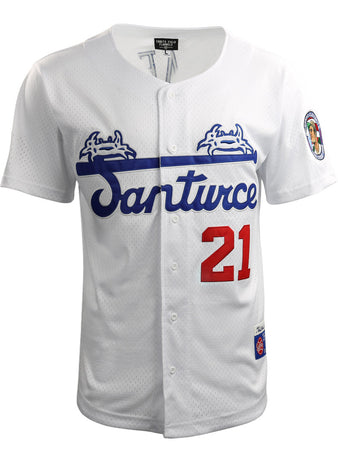 The Roberto Clemente Santurce Cangrejeros Vintage Inspired NL Replica Button-Up Mesh Jersey by EFF is a white mesh jersey featuring blue Santurce script, two crabs above, red number 21, and a colorful left sleeve patch.