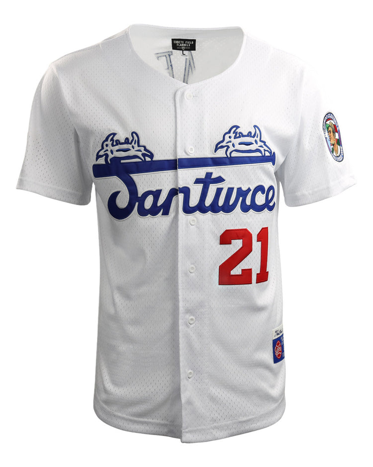 The Roberto Clemente Santurce Cangrejeros Vintage Inspired NL Replica Button-Up Mesh Jersey by EFF is a white mesh jersey featuring blue Santurce script, two crabs above, red number 21, and a colorful left sleeve patch.