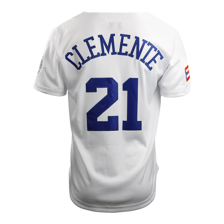 The EFF Roberto Clemente Santurce Cangrejeros Vintage Inspired NL Replica Mesh Jersey features Clemente in blue above number 21 and a small flag patch on the right sleeve.