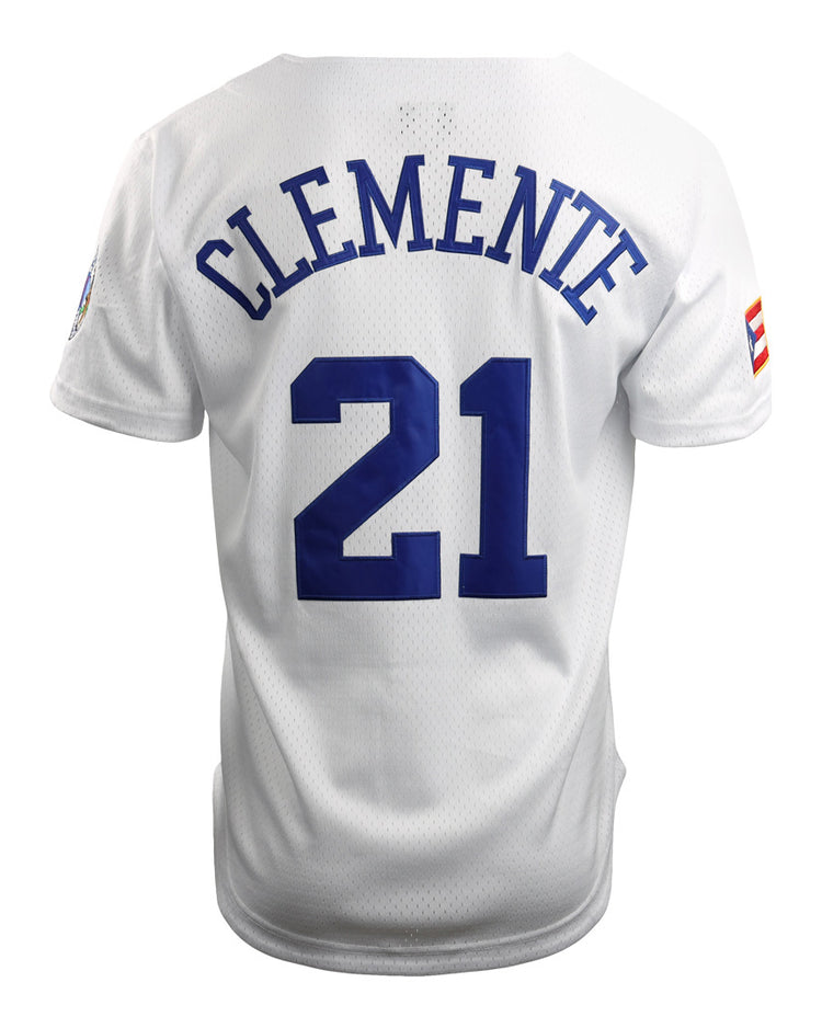 The EFF Roberto Clemente Santurce Cangrejeros Vintage Inspired NL Replica Mesh Jersey features Clemente in blue above number 21 and a small flag patch on the right sleeve.