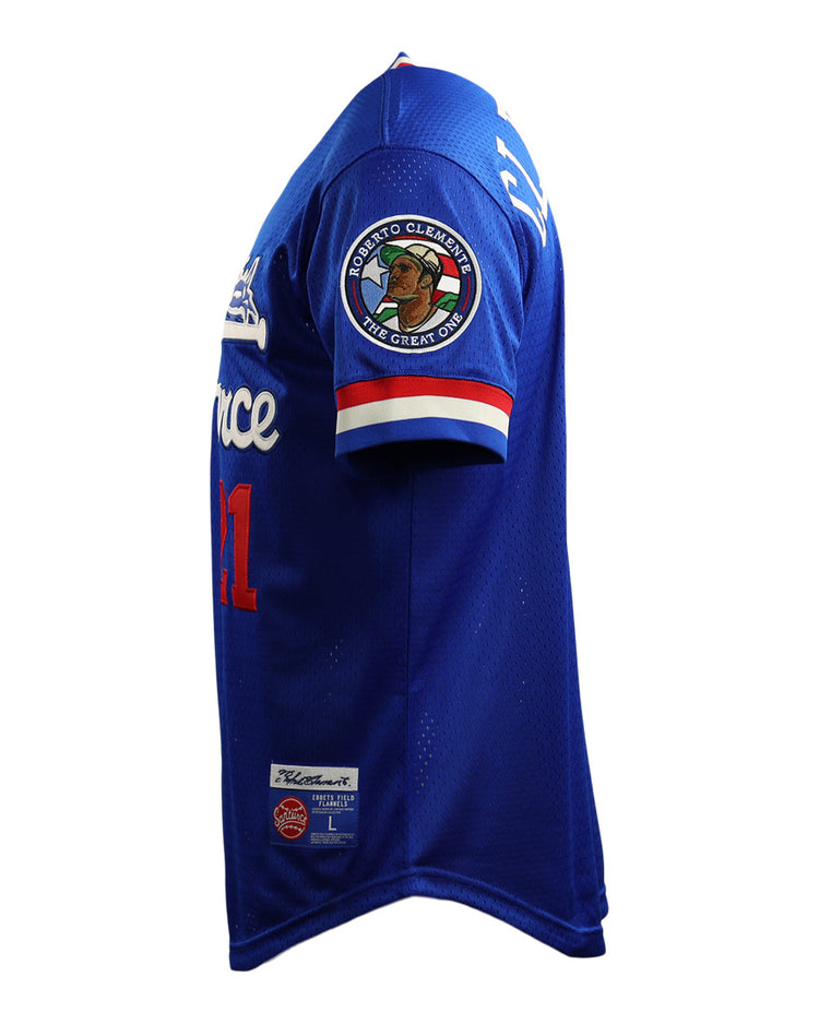 The EFF Roberto Clemente Santurce Cangrejeros Vintage Inspired NL Replica V-Neck Mesh Jersey in royal blue features red and white trim, a #21 on the front, sleeve patch, and sewn Ebbets Field Flannels tags near the hem.