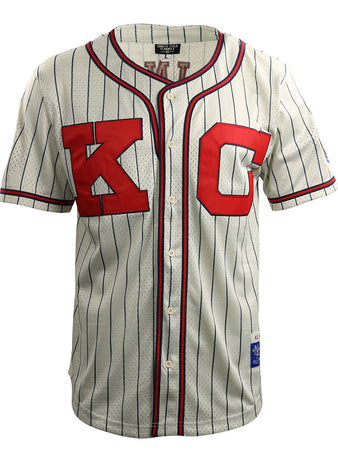 The EFF Jackie Robinson Kansas City Monarchs Vintage Inspired NL Replica Button-Up Mesh Jersey features a white mesh build, short sleeves, thin navy stripes, red trim, and bold red KC lettering—honoring classic Negro National League style.