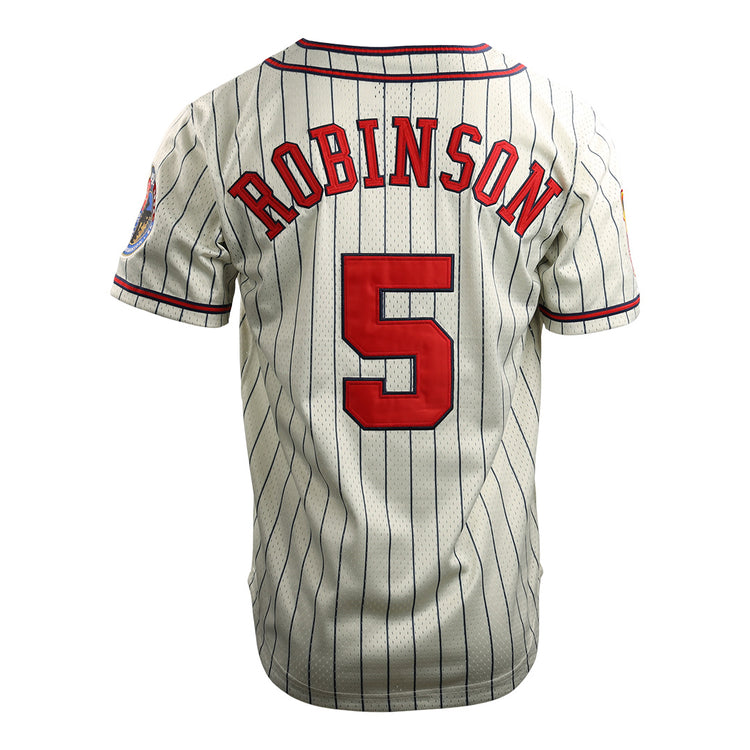 The EFF Jackie Robinson Kansas City Monarchs Vintage Inspired NL Replica Button-Up Mesh Jersey features white pinstripes, red letters and number 5, ROBINSON on the upper back, and a right sleeve patch honoring Negro National League history.